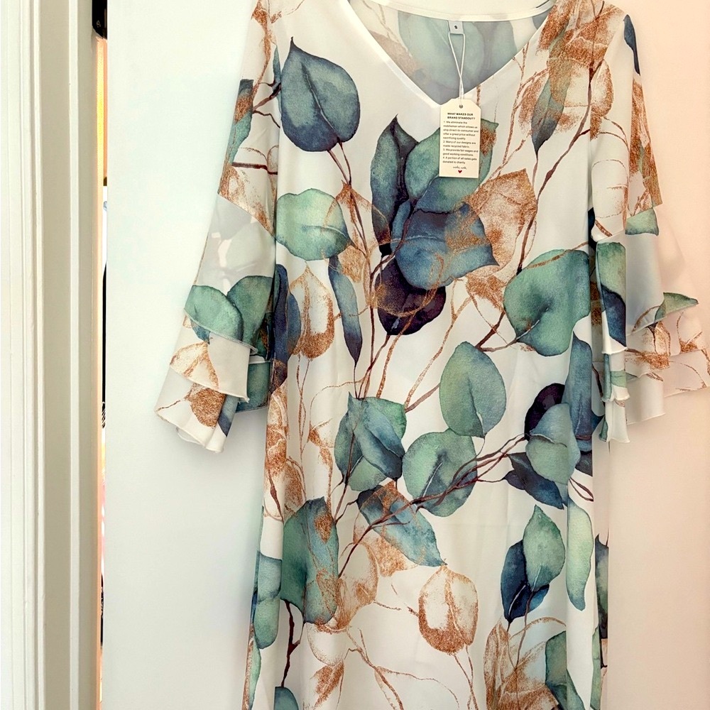 Floral Leaf Print Dress with Ruffle Sleeves
